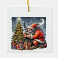 Santa Claus at Night with Tree & Gifts Customized Ceramic Ornament