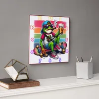 Frog ready to party with a drink on a skateboard square wall clock