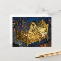 The Lovers Kiss Magical Bed Above the City Fantasy Postcard