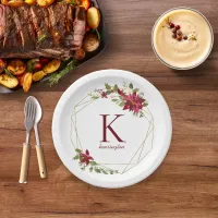 Modern Holiday Geometric Floral Wreath Monogram Paper Plates