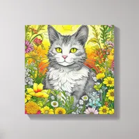 Whimsical Cat and Flowers  Canvas Print
