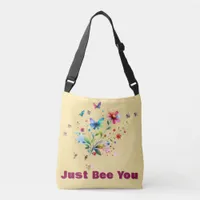 Simple Floral Watercolor Monogram Bee on peach  Crossbody Bag