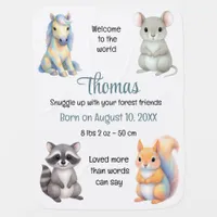 Woodland Animal Friends Watercolor Birth Details Baby Blanket