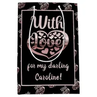 Rose gold metallic look Valentine heart love black Medium Gift Bag