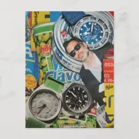 Canned Foods Watches and Man Collage Postcard