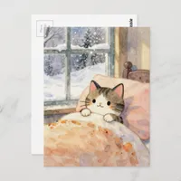 Beautiful Cat Stays Warm in Bed on a Snowy Day Postcard
