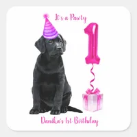 1st Birthday Puppy Theme- Cute Dog Pink Girl Pawty Square Sticker