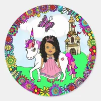 Pretty Ethnic Princess and Unicorn Castle Classic Round Sticker