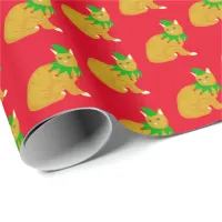 Christmas Ginger Cat in Elf Costume Red Green Wrapping Paper