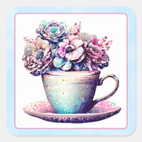  Pretty Antique Teacup Vintage Flowers Square Sticker