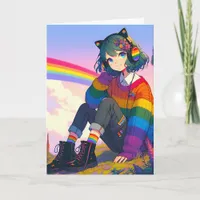 Anime Girl Rainbow Sweater Personalized Birthday Card