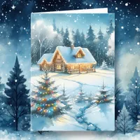 Serene Log Cabin in a Winter Forest Holiday Card