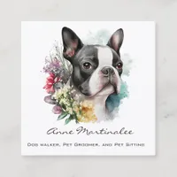 Adorable Boston Terrier and Flowers Watercolor Square Business Card