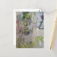 info shows abstract words collage with face postcard