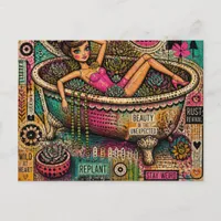Art Collage Doll in a Bathtub of Plants Postcard