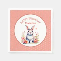 Bunny Rabbit in Flowers Happy Birthday Personalize Napkins