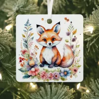 Personalized Pink and Purple Flowers and Baby Fox Metal Ornament