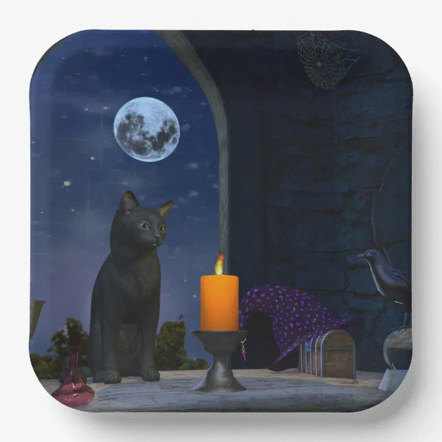 Cute Black Cat Staring at a Candle Paper Plates