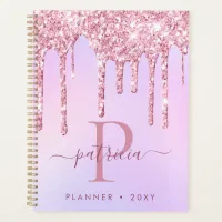 Glam Pink Glitter Drips Elegant Monogram  Planner