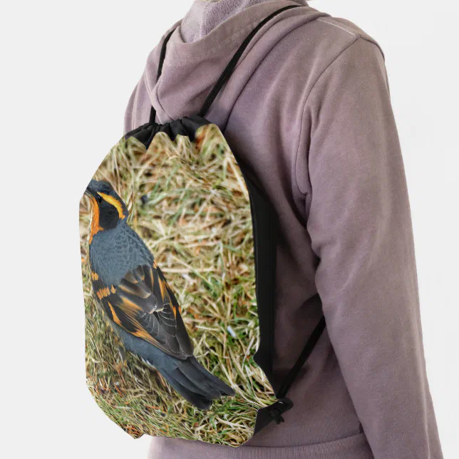 Bird's Eye View of a Varied Thrush Songbird Drawstring Bag