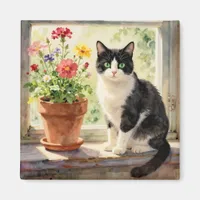 Watercolor Cat and Flowers on Window Sill Magnet