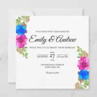 Pink Blue Rose Floral Watercolor Square Wedding Invitation
