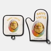 Cute Easter Chick Hatching from Colorful Egg Oven Mitt & Pot Holder Set