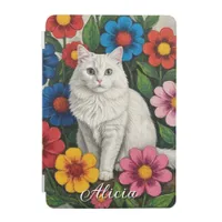 Fluffy White Cat and Folk Art Flowers iPad Mini Cover
