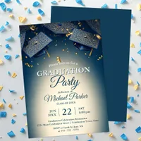 Elegant Blue Graduation Caps with Gold Confetti Invitation