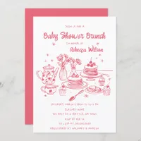 Pink Whimsical Hand Drawn Girl Baby Shower Brunch Invitation