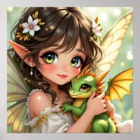 Cute Anime Fairy and Chibi Dragon  Poster
