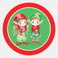 A Cute Girl and Boy Elf  Christmas Classic Round Sticker