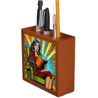 Comic Style Pop Art Woman Reading and Cat Desk Organizer