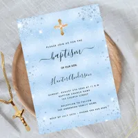 Baptism light blue baby boy glitter invitation
