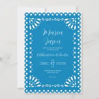 Blue Papel Picado Traditional Boda Spanish Wedding Invitation
