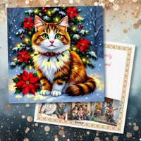 Festive Folk Art Cat with Family Photos Custom Holiday Card