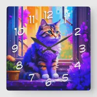 Cute Cat Sitting in Window Ai Art Square Wall Clock