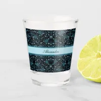 Elegant Flowery Black and Teal Damask Shot Glass