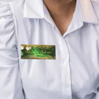 Abstract Fluid Paint Faux Gold Metallic Foil Green Name Tag