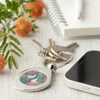 Elegant White Doves Pink Floral & Gold Geometric Keychain