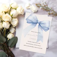 Blue bow cream beige elegant Sweet 16 silver Foil Invitation