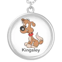 Brown Dog Cartoon Add Name Silver Plated Necklace