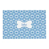 Blue Gingham with Paw Prints and Bone Pet Placemat