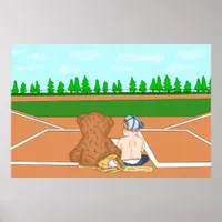 Cute Baby Boy in Baseball Cap next to Teddy Bear Poster