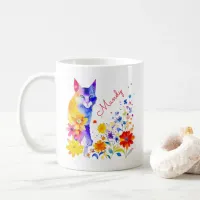 Watercolor Cat and Flowers Personalized Coffee Mug