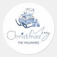 Minimalist Hygge Blue Christmas Santa Sleigh Classic Round Sticker