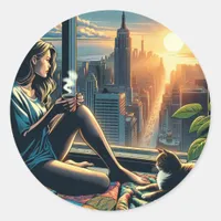 Woman Drinking Coffee at Sunrise in the City Classic Round Sticker