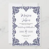 Mexican Navy Blue Floral Classic Elegant Wedding Invitation