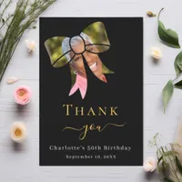 Birthday photo bow black thank you card