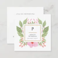 Trendy Cute Watercolor Pink Flowers Monogram Square Business Card